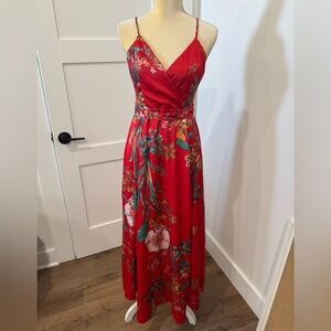 Lulus Still the One Red Floral Print Satin Maxi Dress. Small